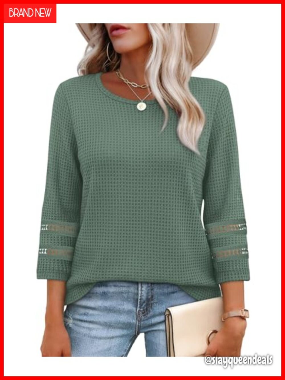 Womens Lace Crochet 3/4 Sleeve Waffle Knit Tunic Top Dressy Casual Blouse